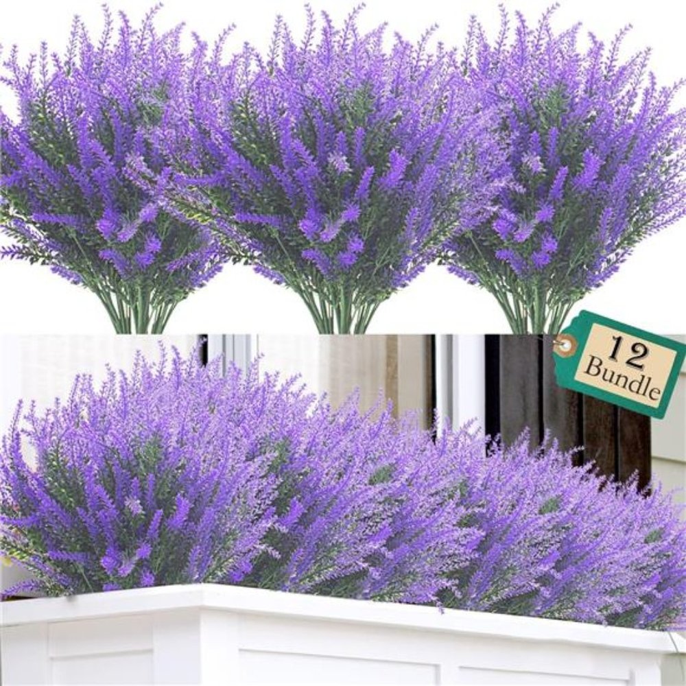 12 Bundles Artificial Lavender Flowers Outdoor UV Resistant Fake Flowers (Blue)